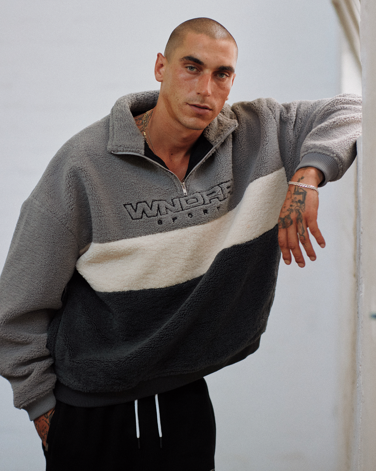 STARTER 1/4 ZIP POLAR FLEECE SWEAT - GREY/BLACK