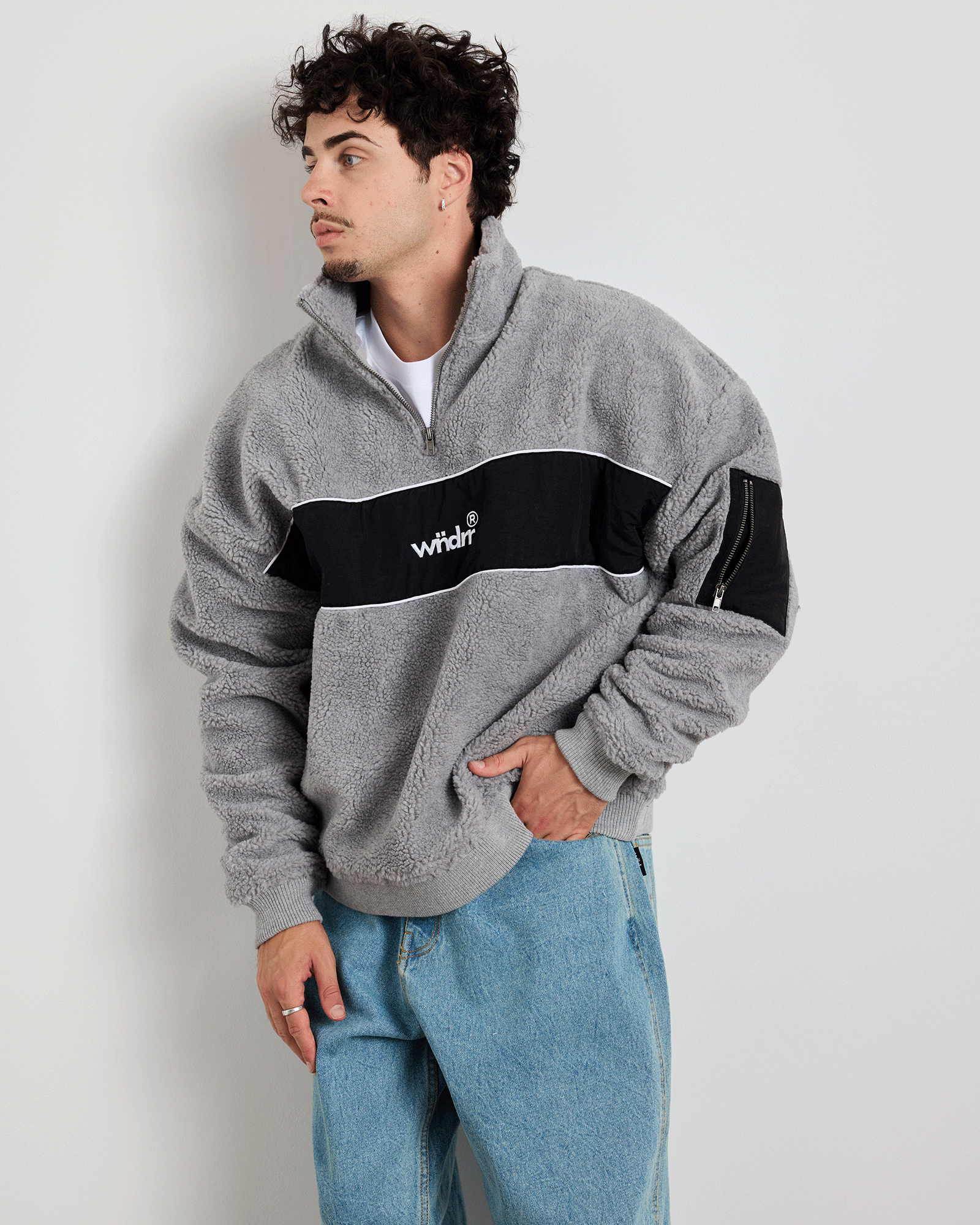 OFFCUT 1/4 ZIP SHERPA FLEECE SWEAT - GREY