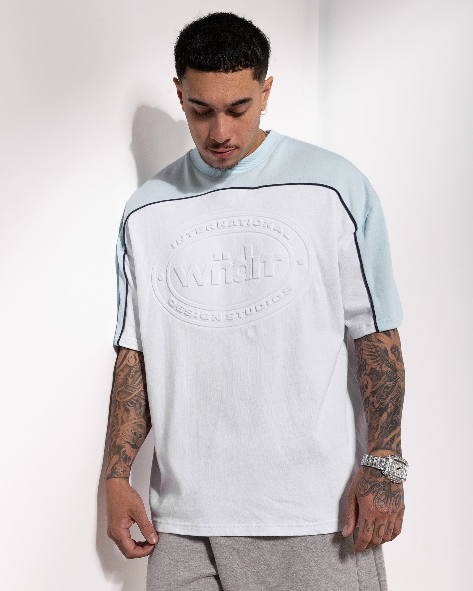 CREDIT PANEL HEAVY WEIGHT TEE - WHITE/BABY BLUE