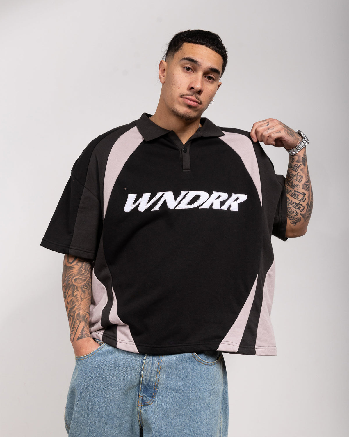 FORM PANEL S/S POLO TOP - BLACK/GREY