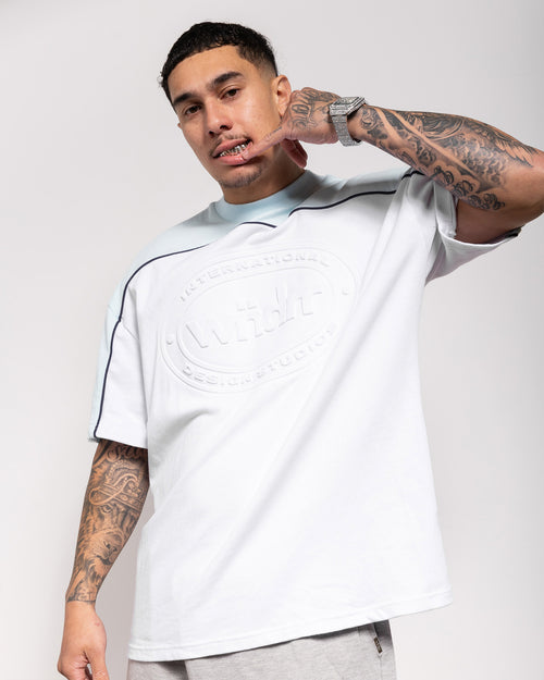 CREDIT PANEL HEAVY WEIGHT TEE - WHITE/BABY BLUE