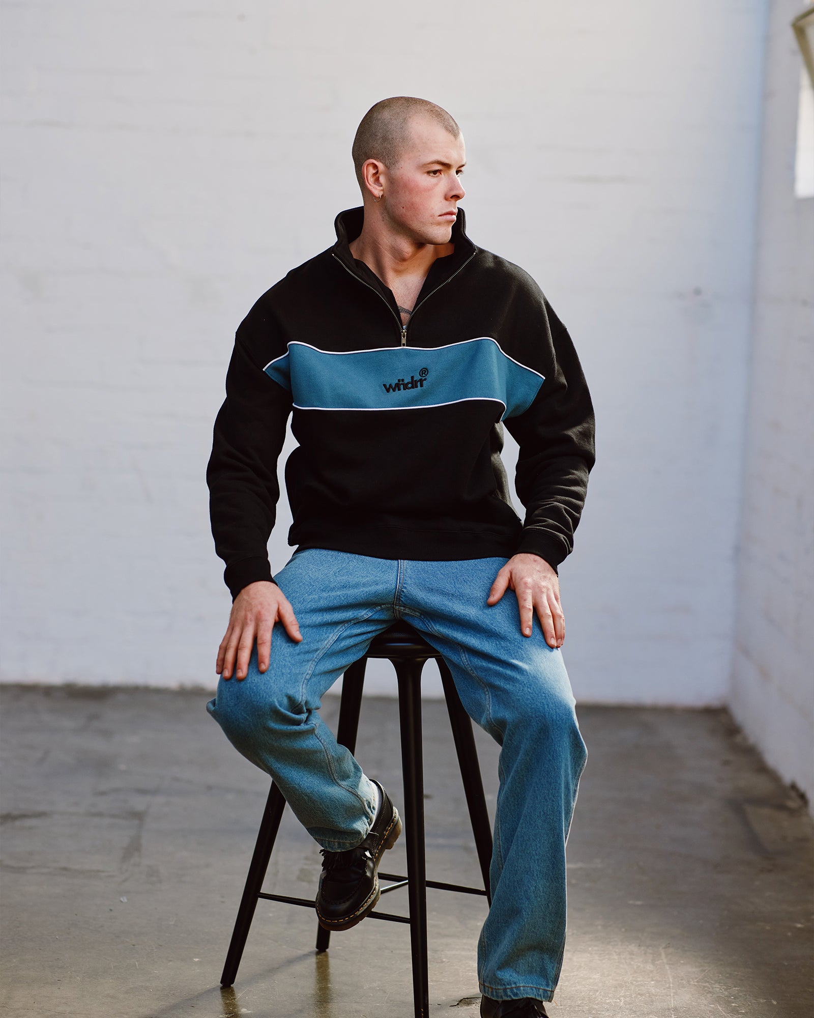 OFFCUT 1/4 ZIP SWEAT - BLACK/DUSK BLUE