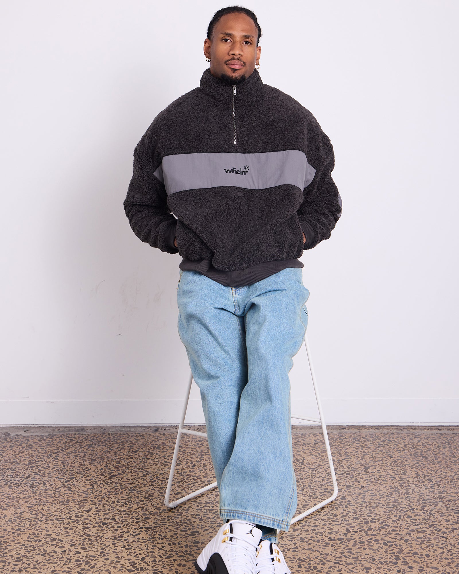 OFFCUT 1/4 ZIP SHERPA FLEECE SWEAT - FADED BLACK