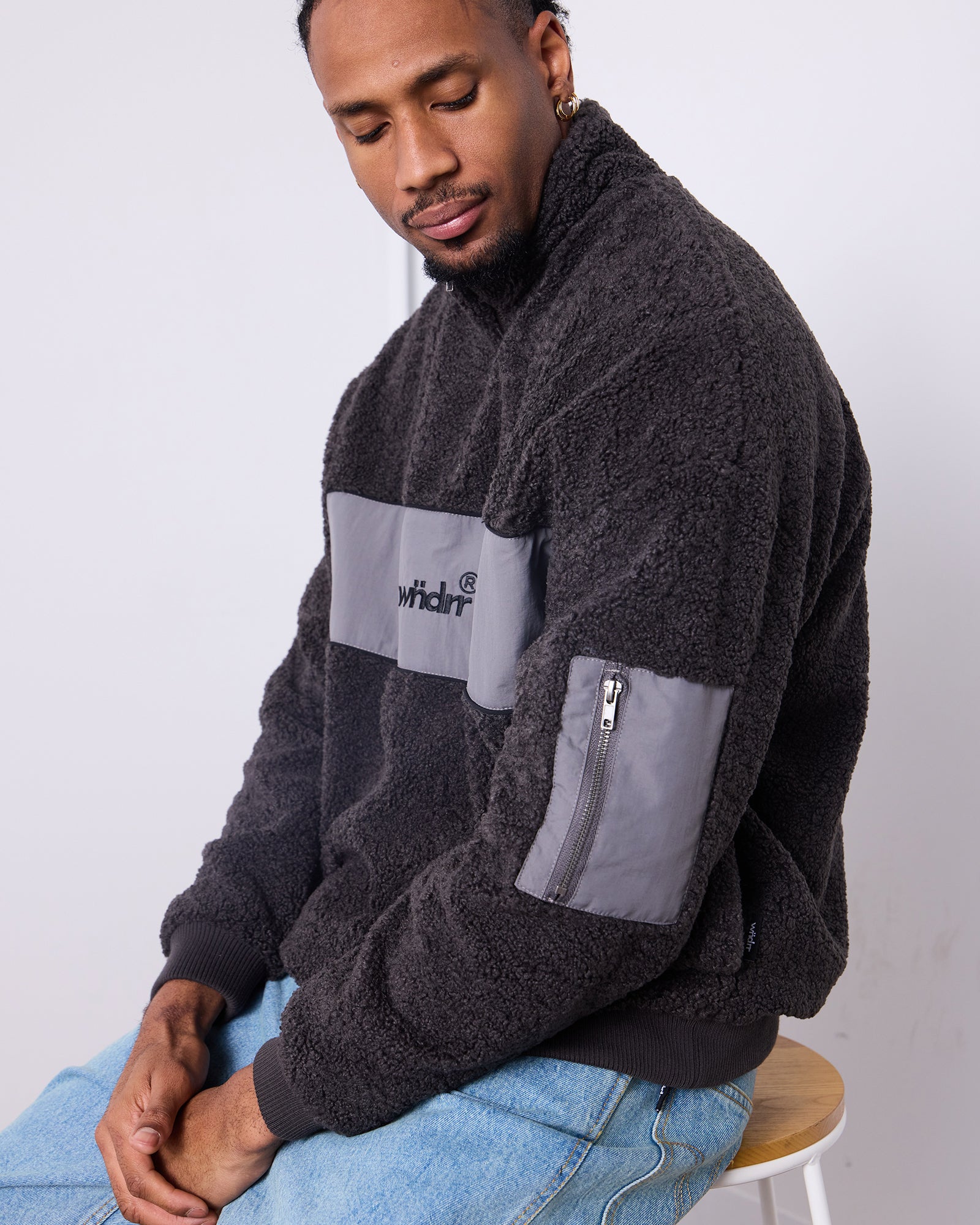 OFFCUT 1/4 ZIP SHERPA FLEECE SWEAT - FADED BLACK