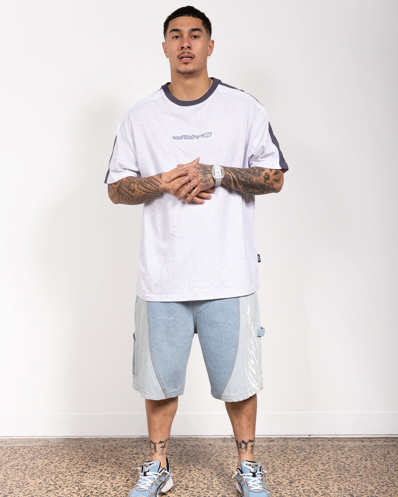 SERVER PANEL BOX FIT TEE - WHITE MARLE/BLUE